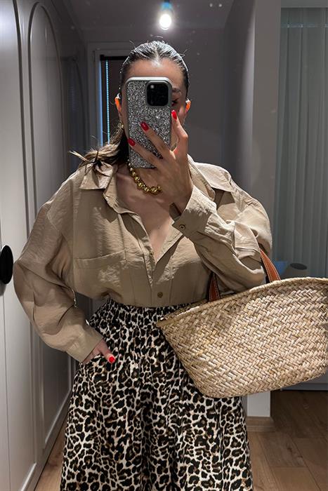  Anika Tensel Kumaş Oversize Gömlek-Vizon