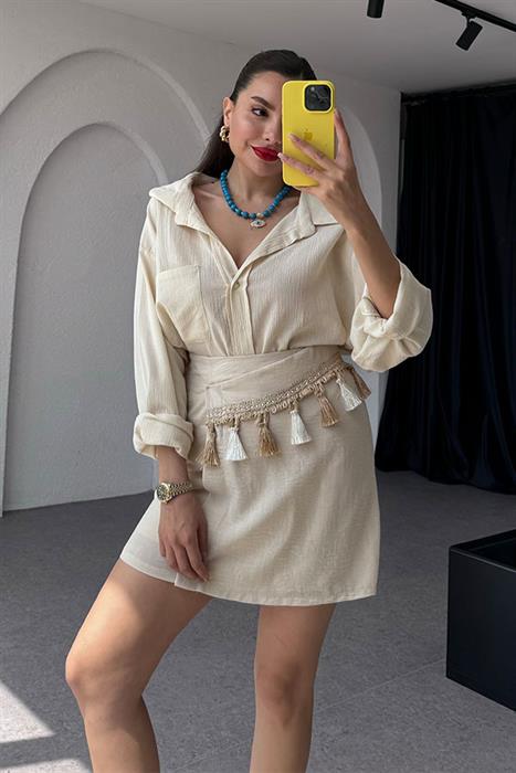  Evie Oversize Keten Gömlek-Krem