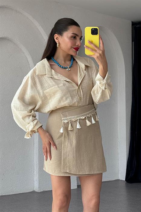  Evie Oversize Keten Gömlek- Taş