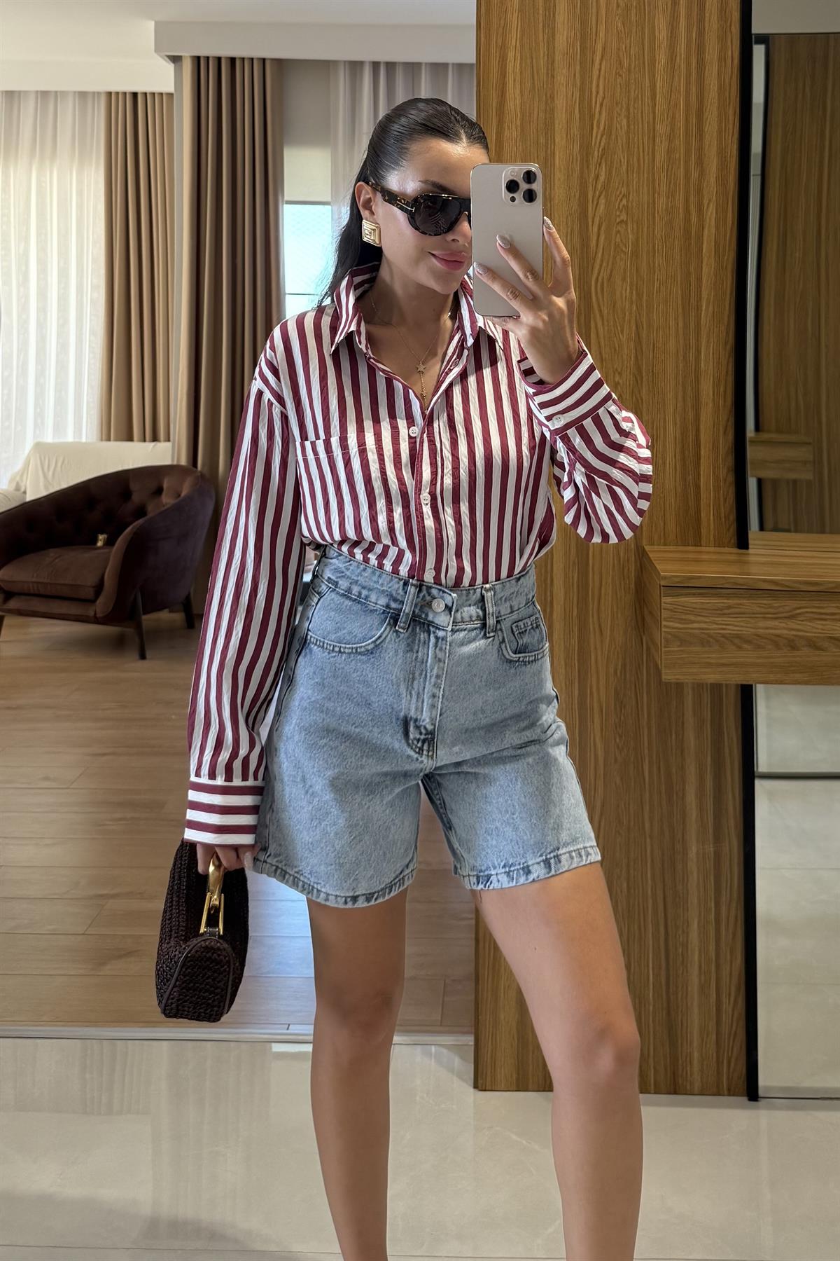  Perfect Bordo Çizgili Tensel Gömlek