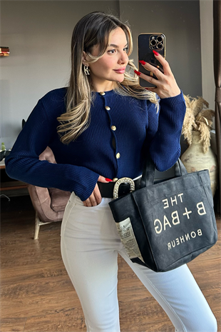 5 Gold düğmeli lacivert düz triko