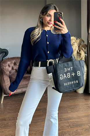 5 Gold düğmeli lacivert düz triko