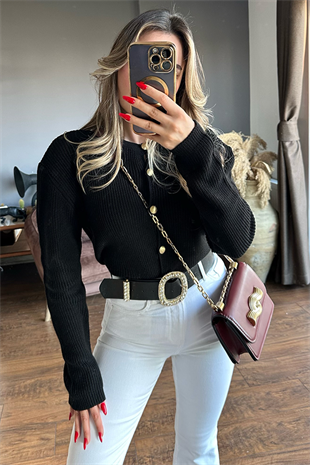 5 Gold düğmeli siyah düz triko