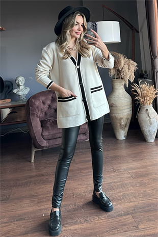 Aberta siyah şeritli ekru hırka