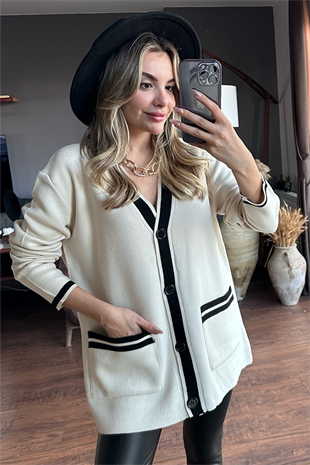 Aberta siyah şeritli ekru hırka