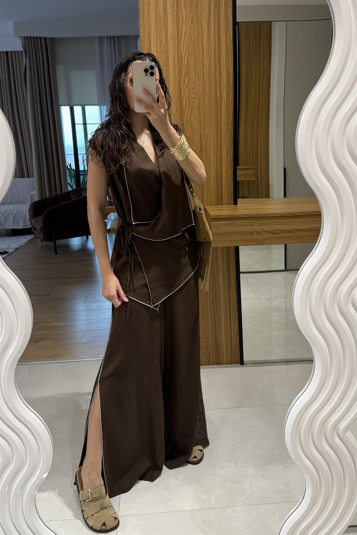 Aborre Acı Kahve Keten Kimono Yelekli Takım