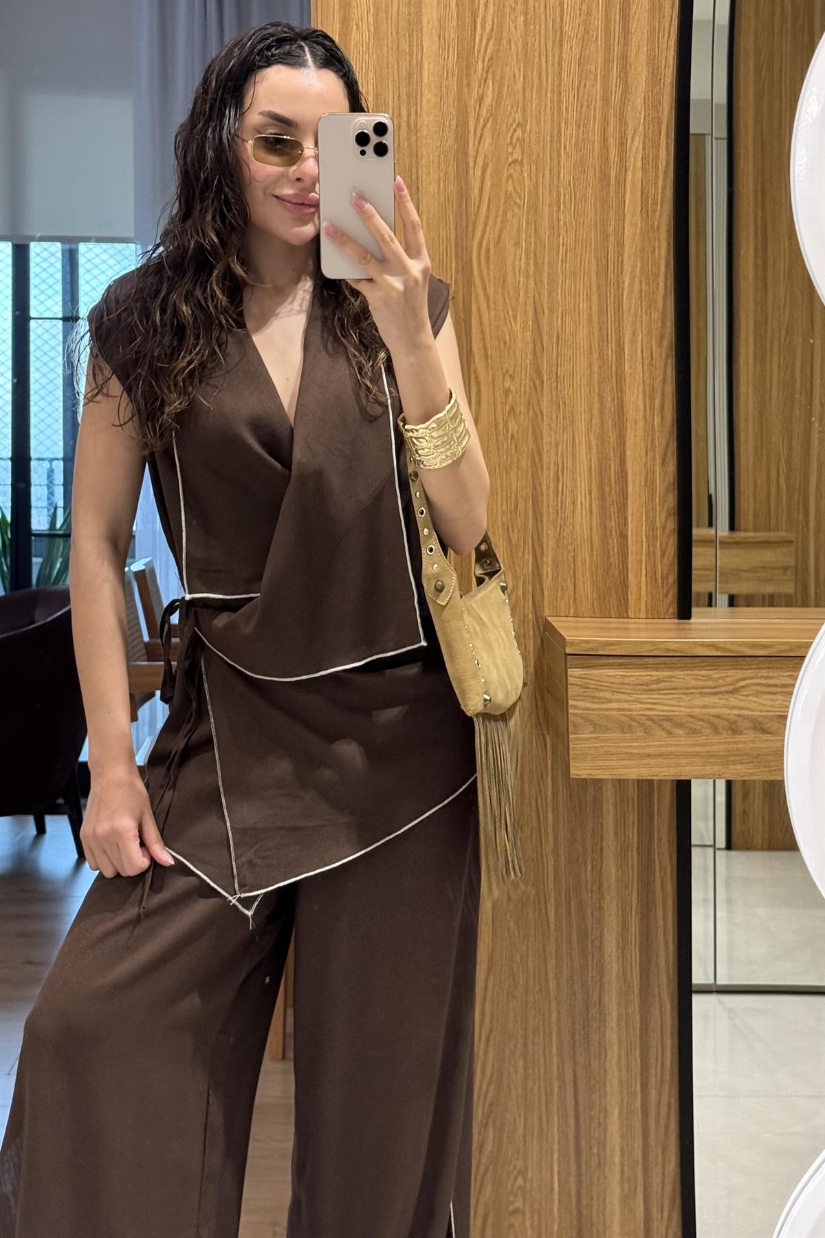 Aborre Acı Kahve Keten Kimono Yelekli Takım