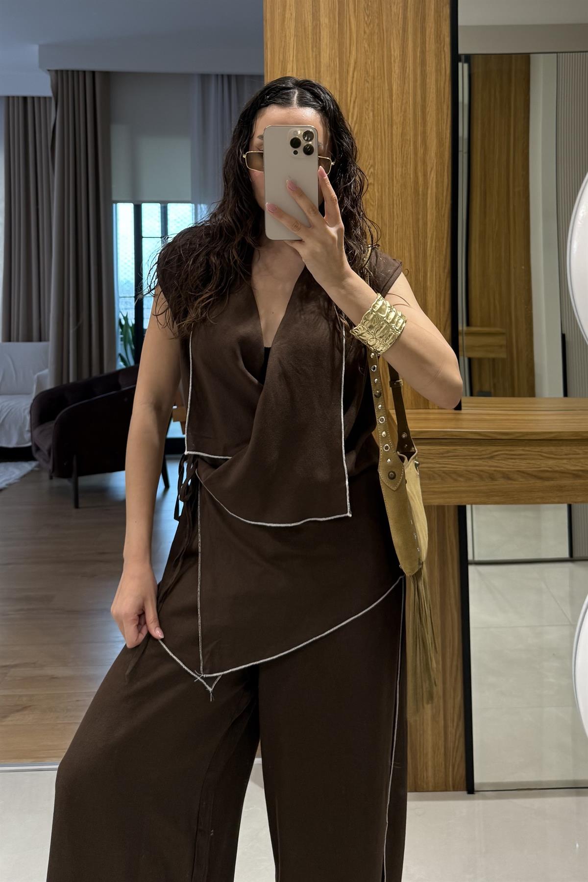 Aborre Acı Kahve Keten Kimono Yelekli Takım