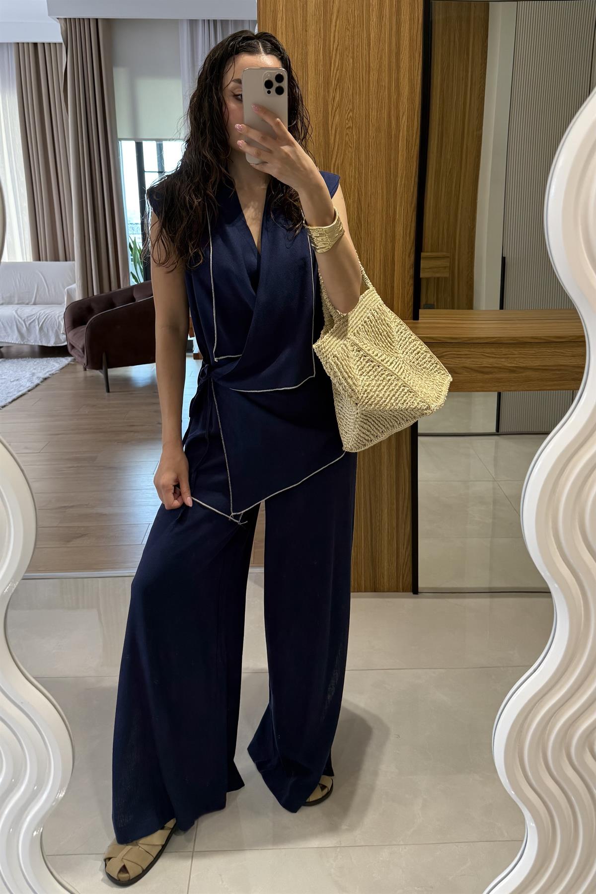 Aborre Lacivert Keten Kimono Yelekli Takım