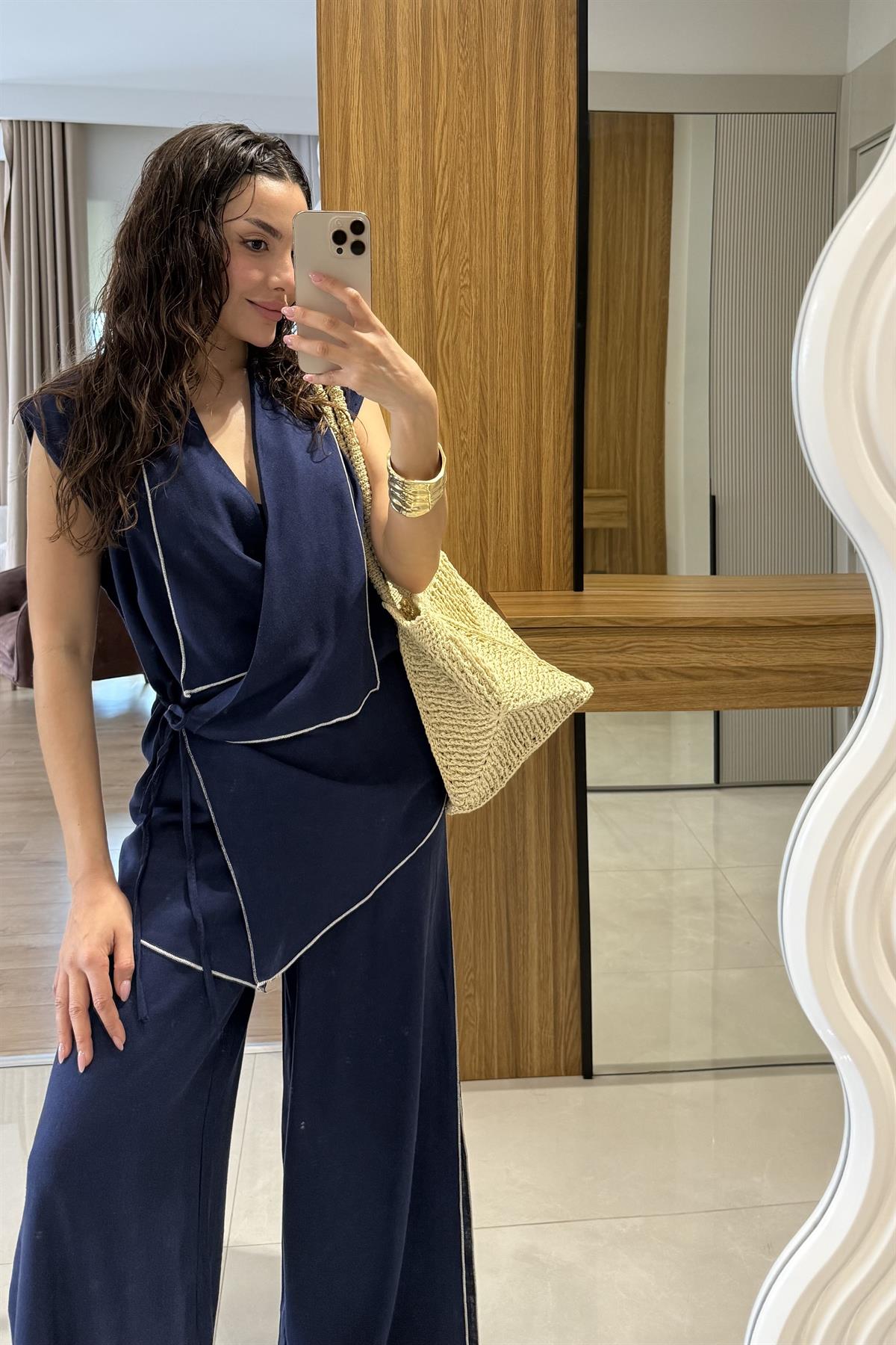 Aborre Lacivert Keten Kimono Yelekli Takım