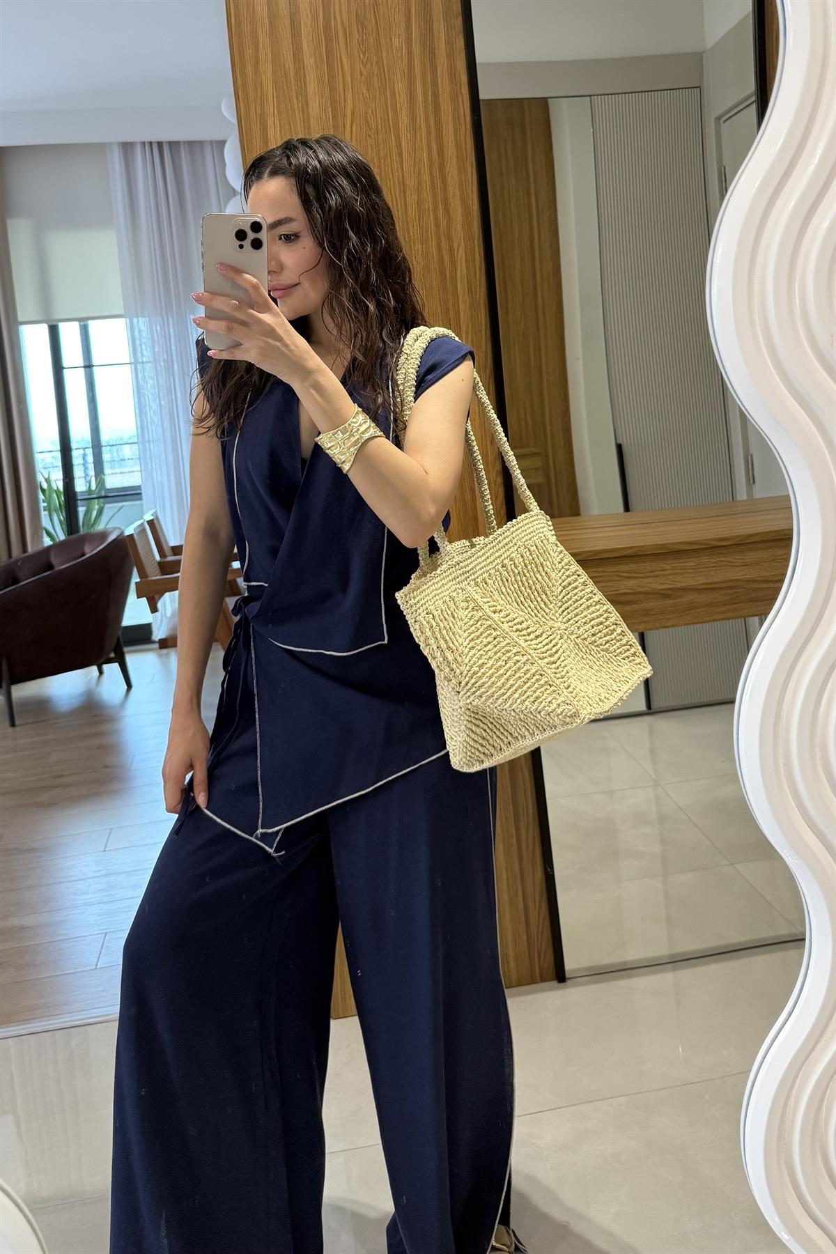 Aborre Lacivert Keten Kimono Yelekli Takım