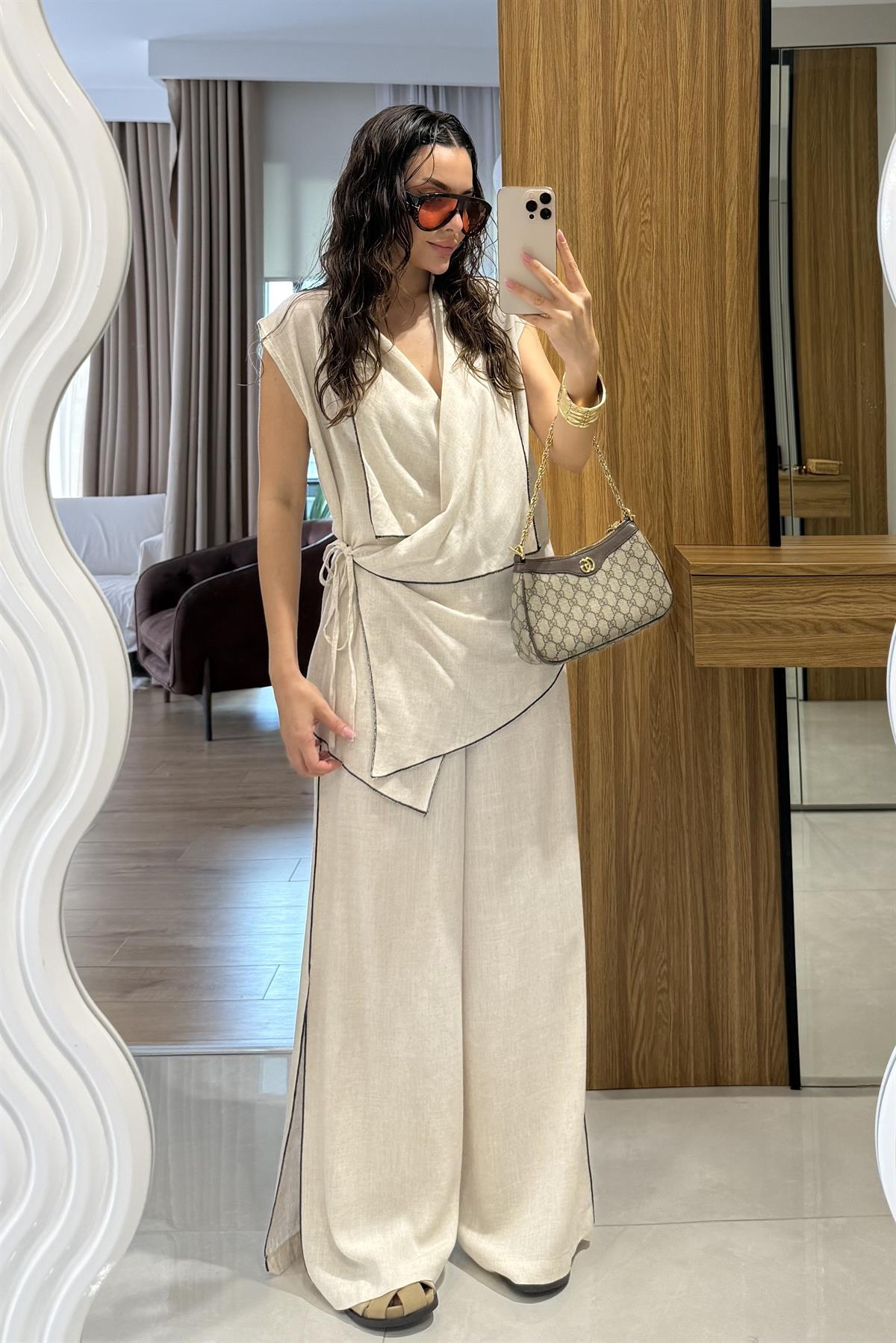 Aborre Natural Keten Kimono Yelekli Takım