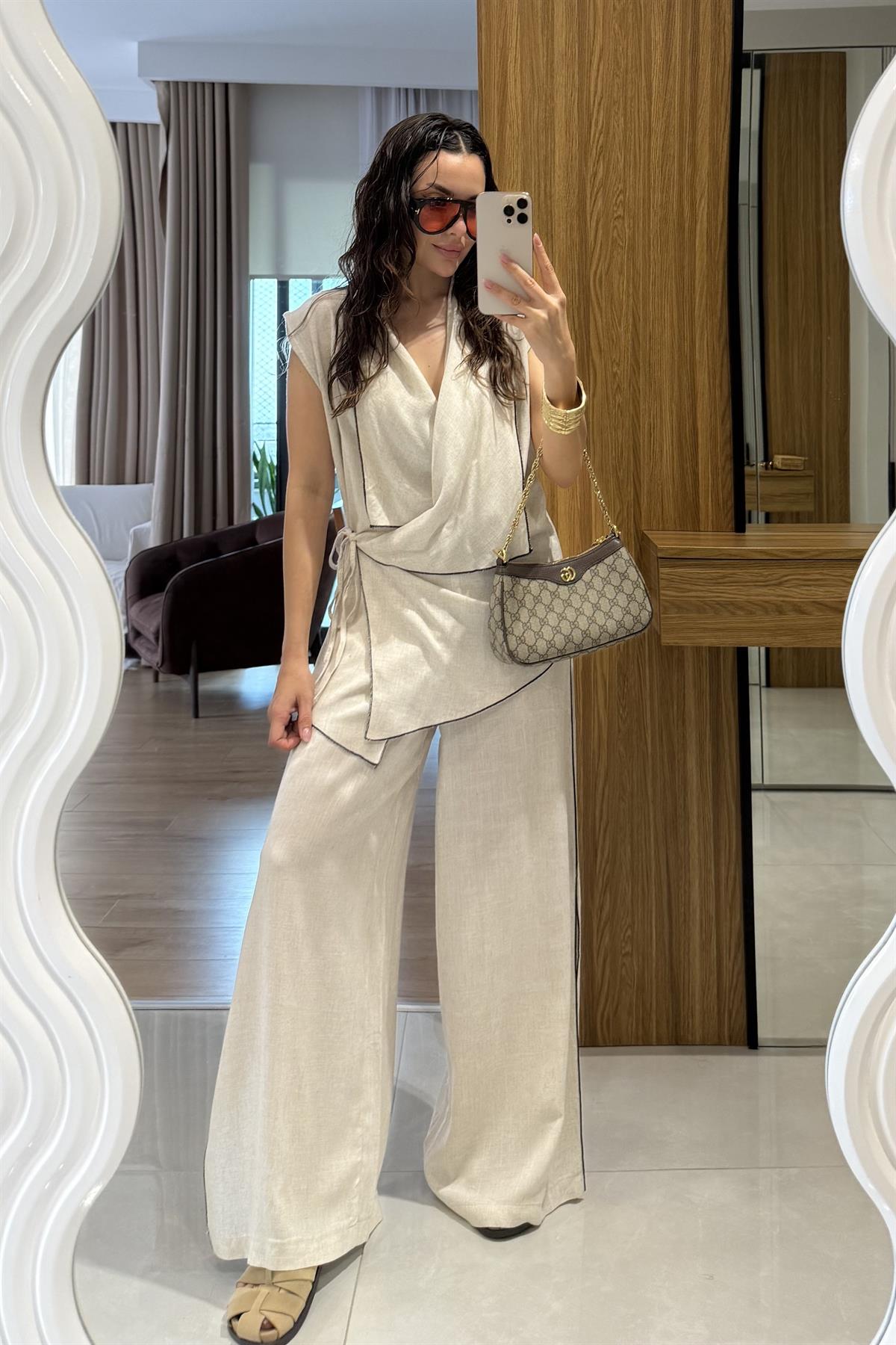 Aborre Natural Keten Kimono Yelekli Takım