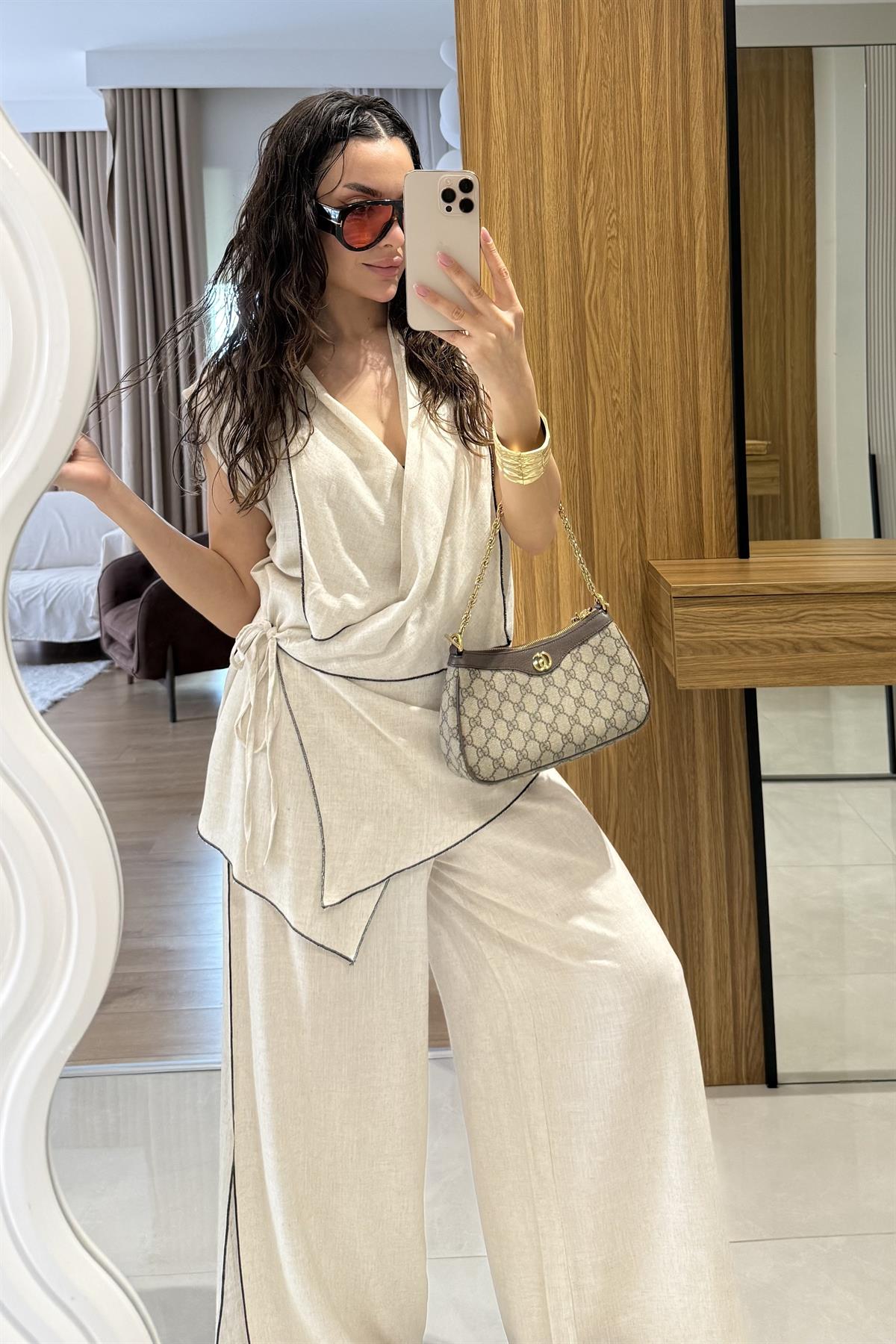 Aborre Natural Keten Kimono Yelekli Takım