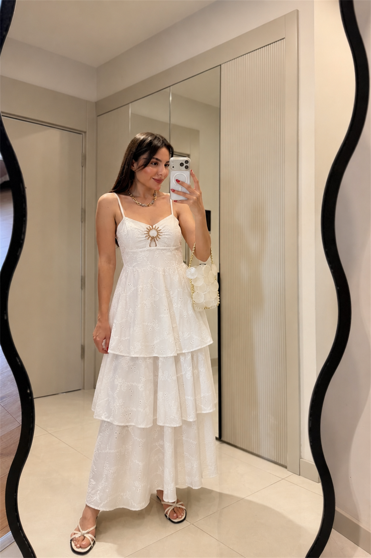Accessory Beyaz Kat Kat Aksesuarlı Fisto Elbise