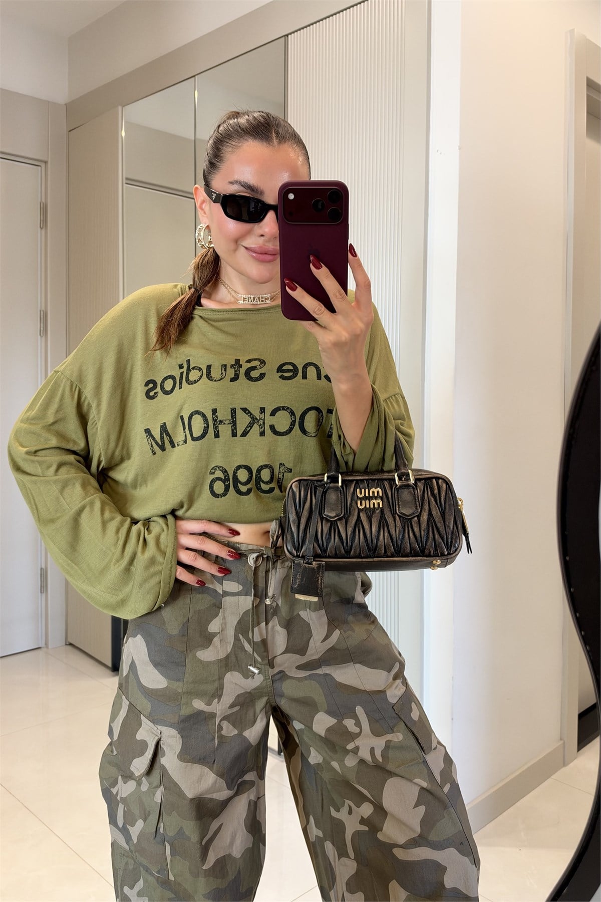 Acne Haki Baskılı Salaş Uzun Kollu Bluz
