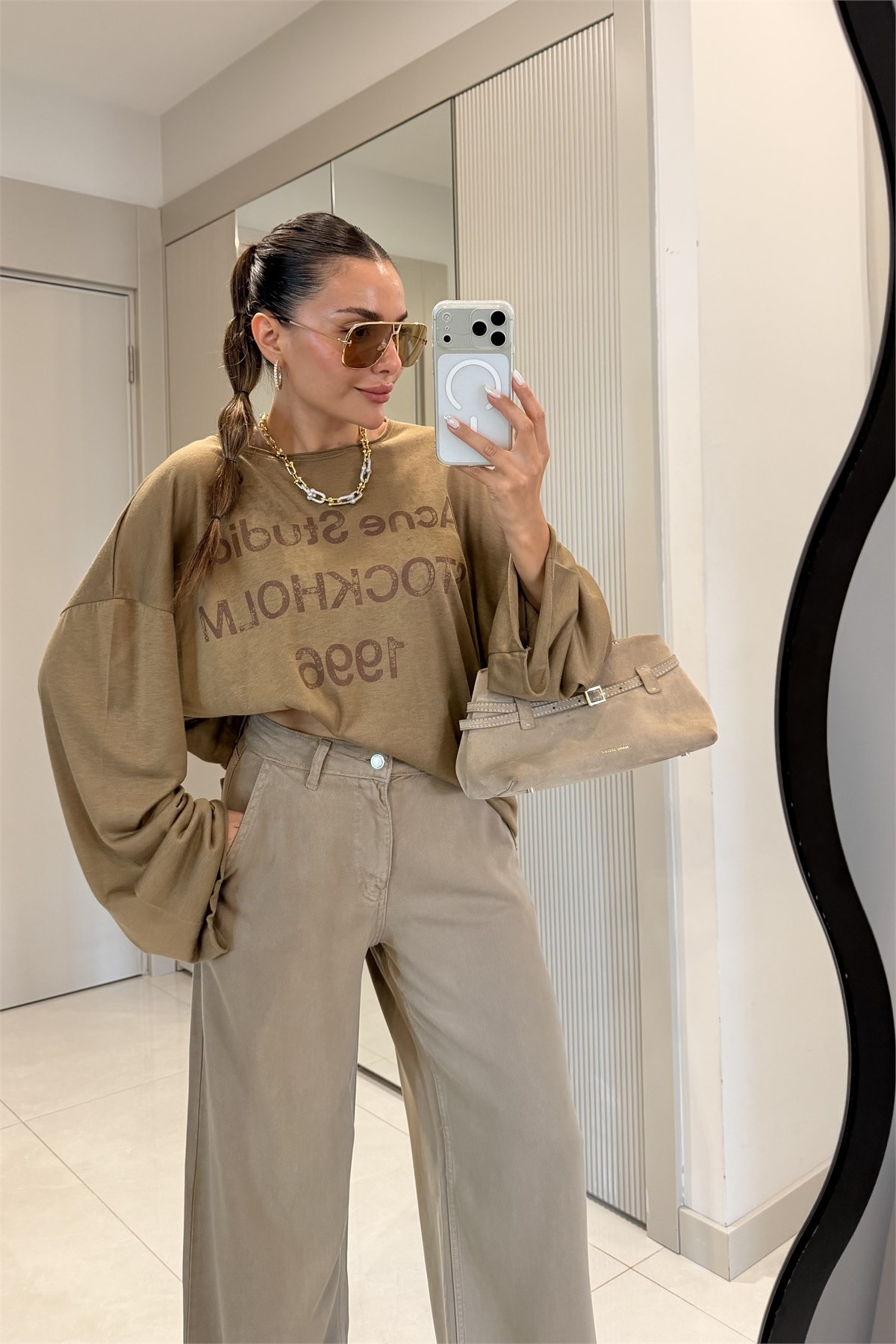 Acne Kahve Baskılı Salaş Uzun Kollu Bluz