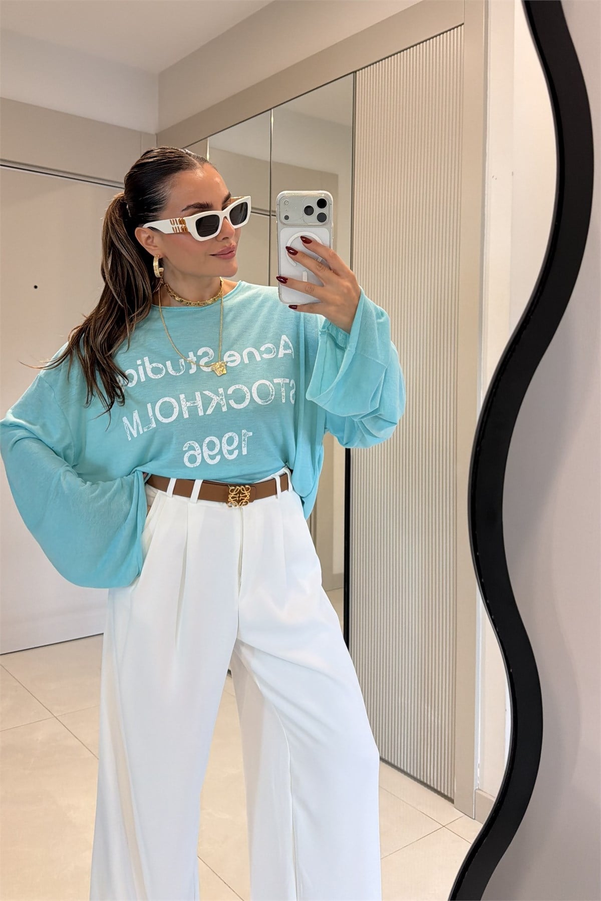 Acne Turkuaz Baskılı Salaş Uzun Kollu Bluz