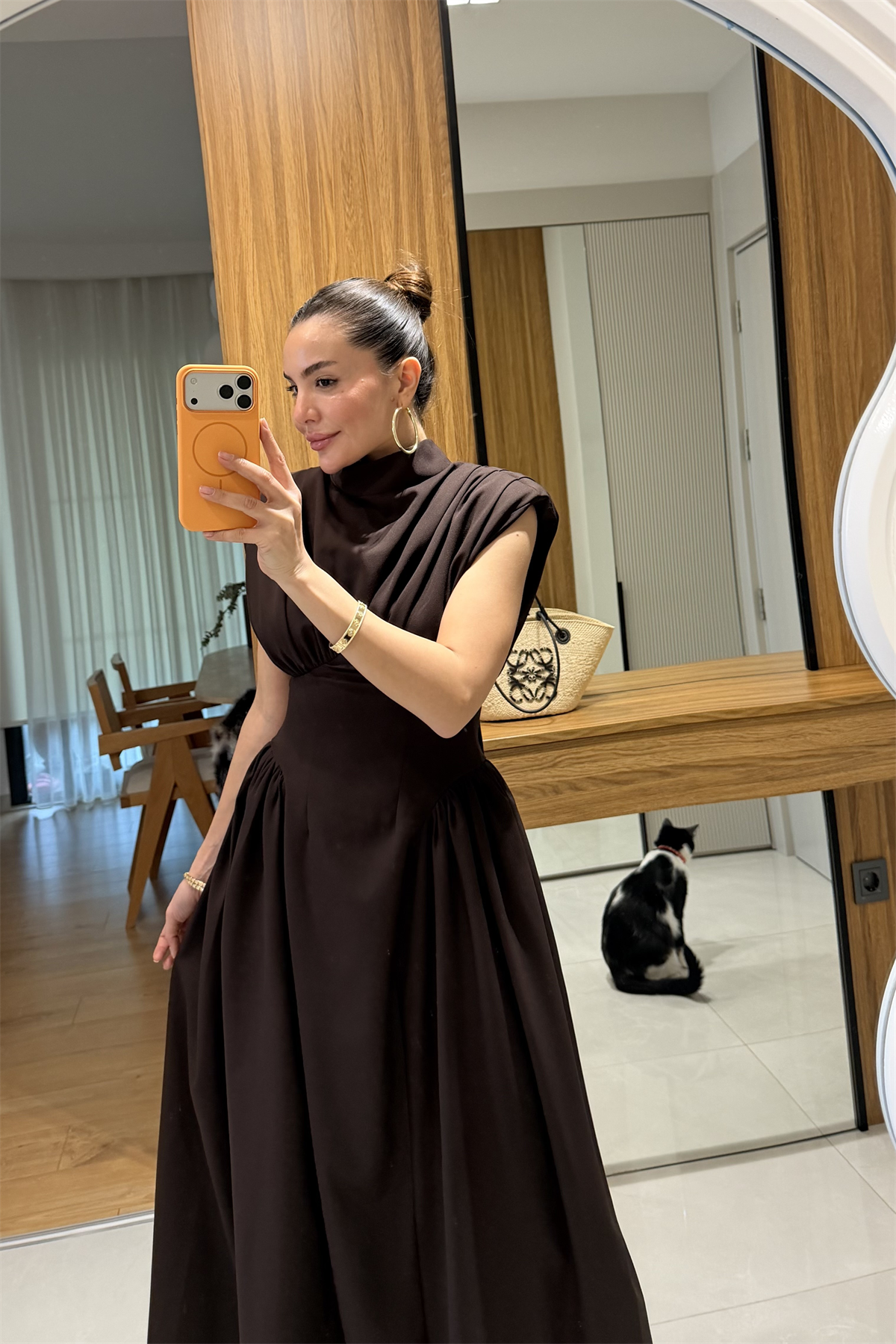 Adios Kahve Belden Oturtmalı Astarlı Elbise