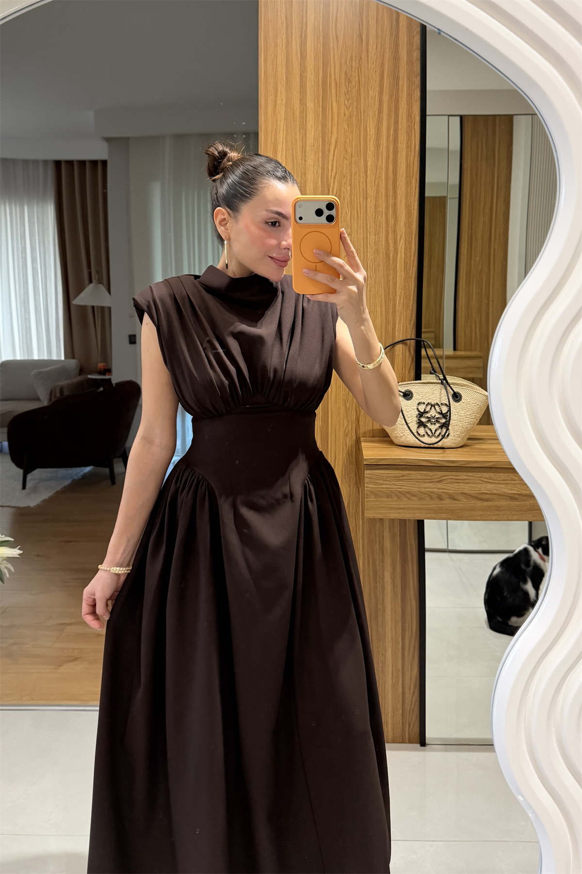 Adios Kahve Belden Oturtmalı Astarlı Elbise