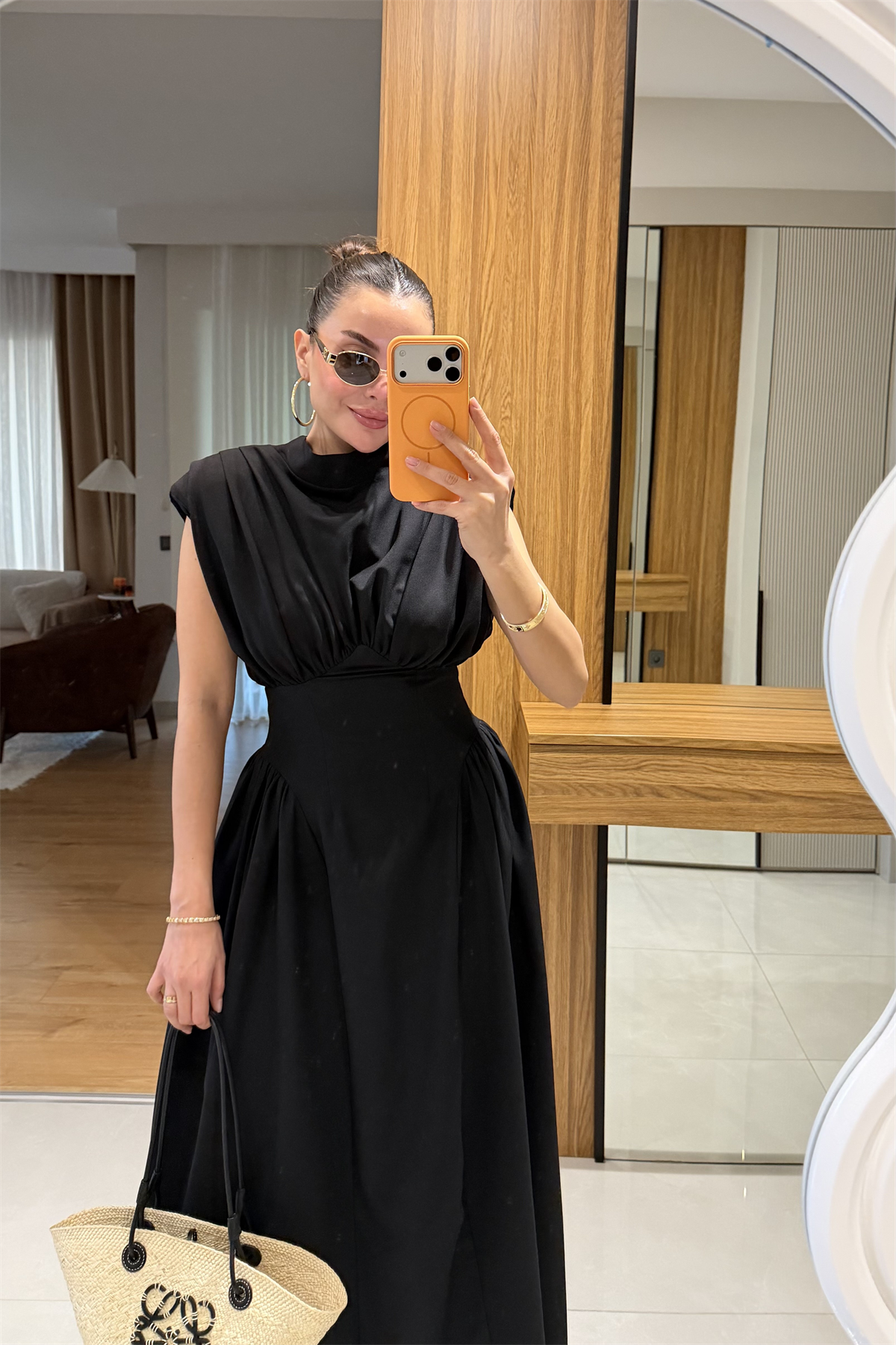 Adios Siyah Belden Oturtmalı Astarlı Elbise