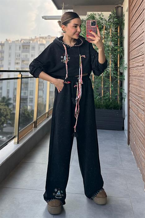 Afro Nakış Baskılı Eskitme Detaylı Kapüşonlu Sweat Takım
