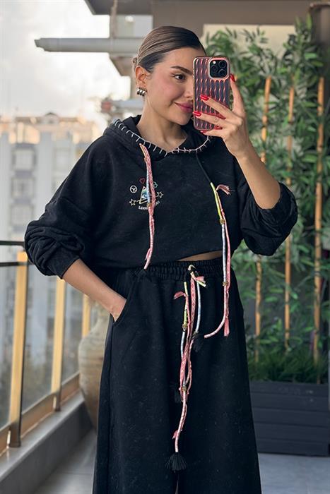Afro Nakış Baskılı Eskitme Detaylı Kapüşonlu Sweat Takım