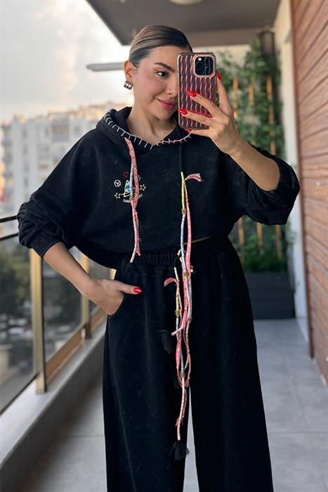 Afro Nakış Baskılı Eskitme Detaylı Kapüşonlu Sweat Takım