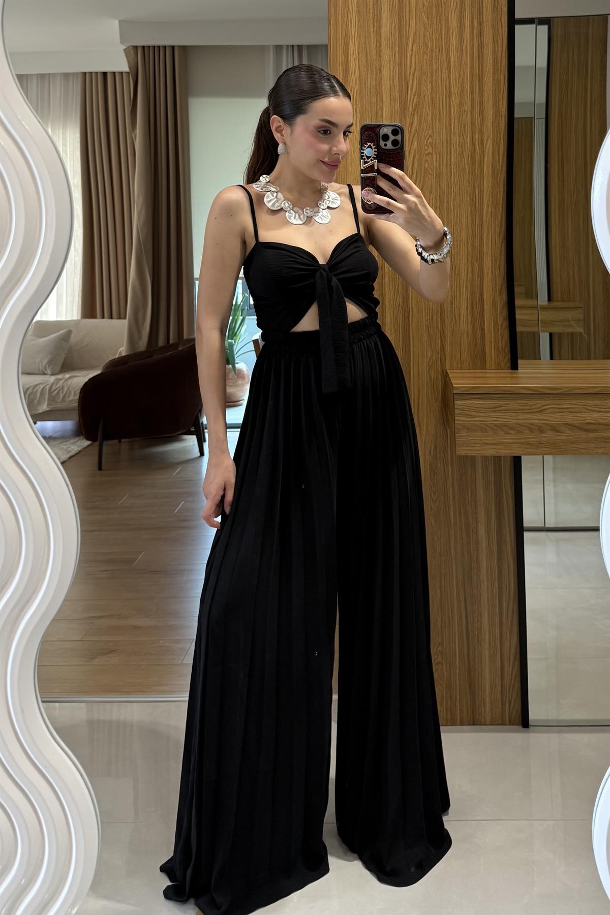 Agnes Siyah Crop Pantolon Takım