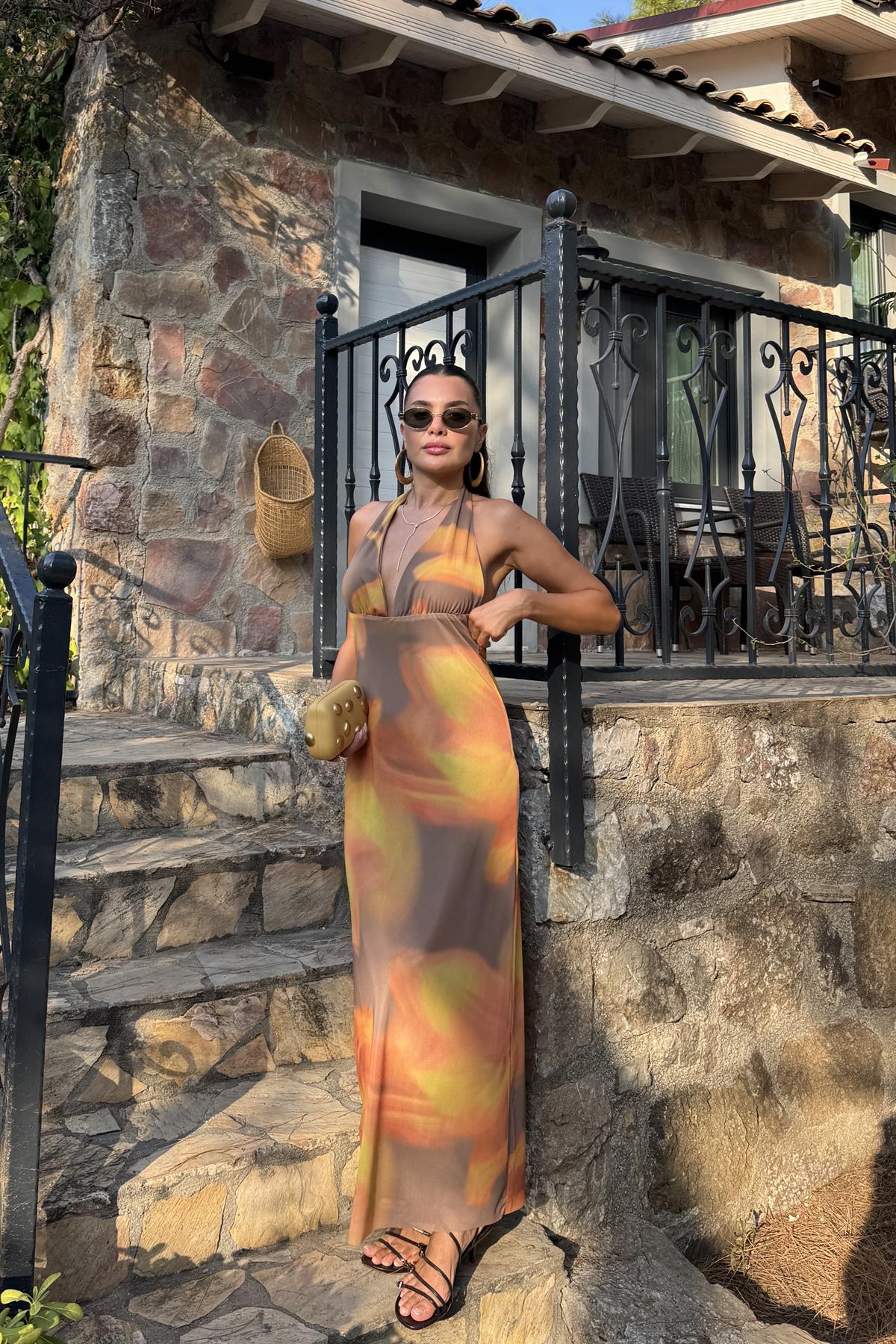 Aiden Turuncu Boyundan Bağlamalı Batik Desen Elbise