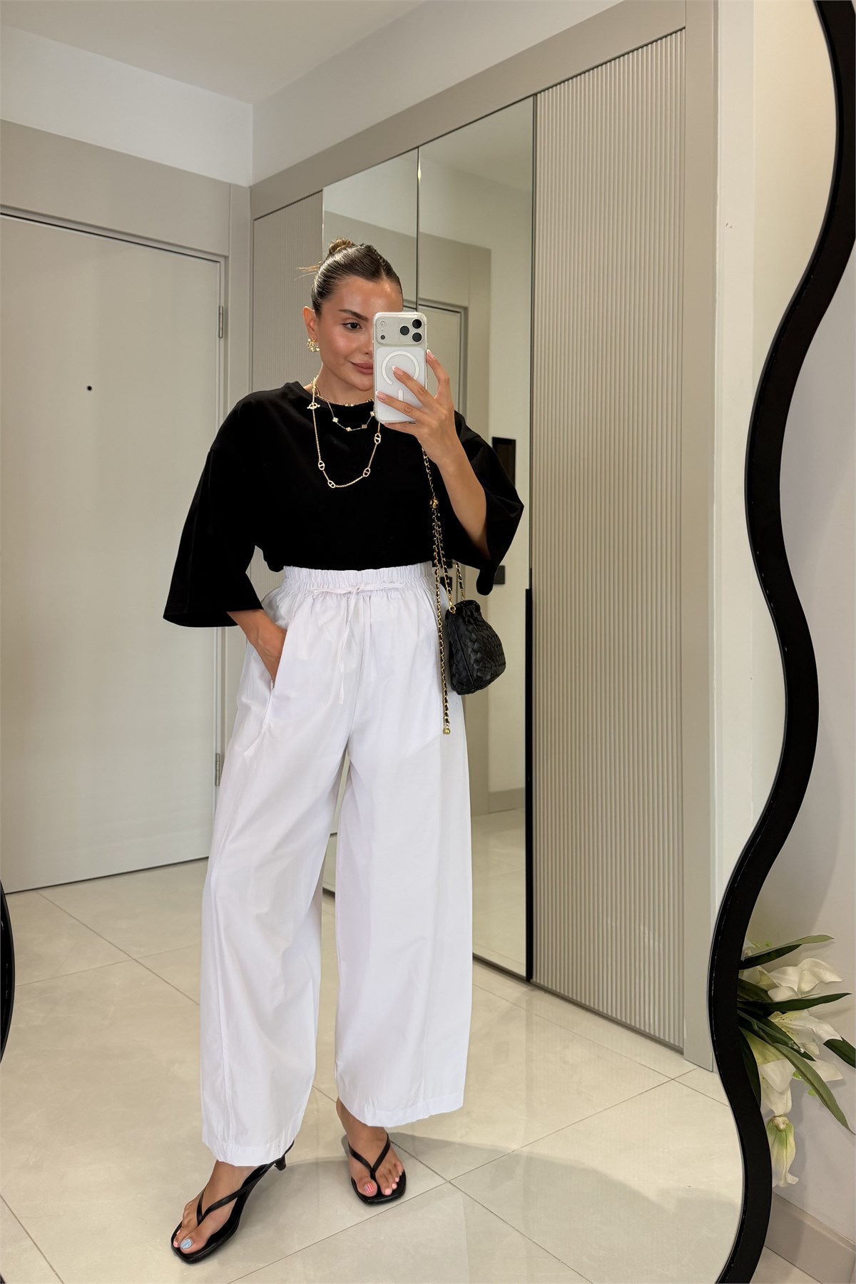 Ailany Beyaz Beli Lastikli Poplin Pantolon