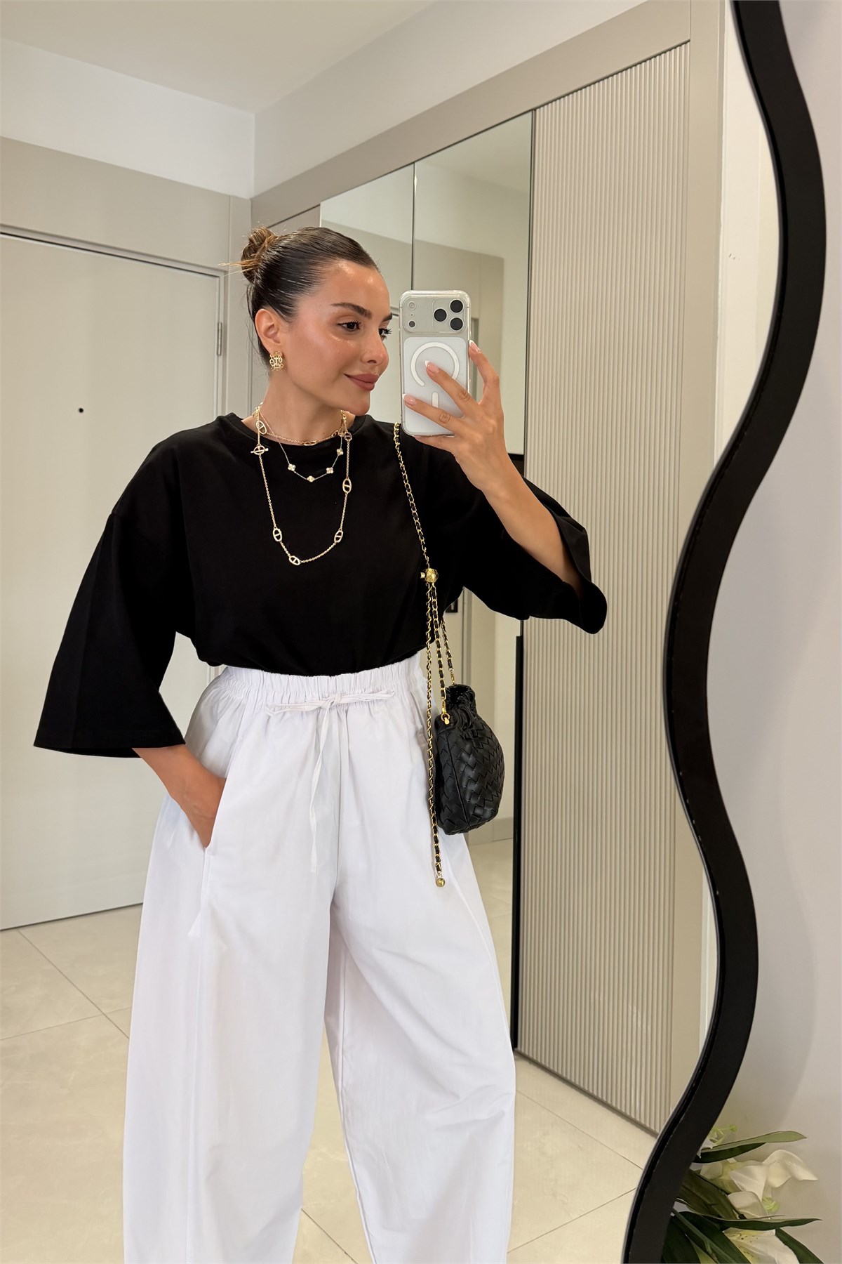 Ailany Beyaz Beli Lastikli Poplin Pantolon