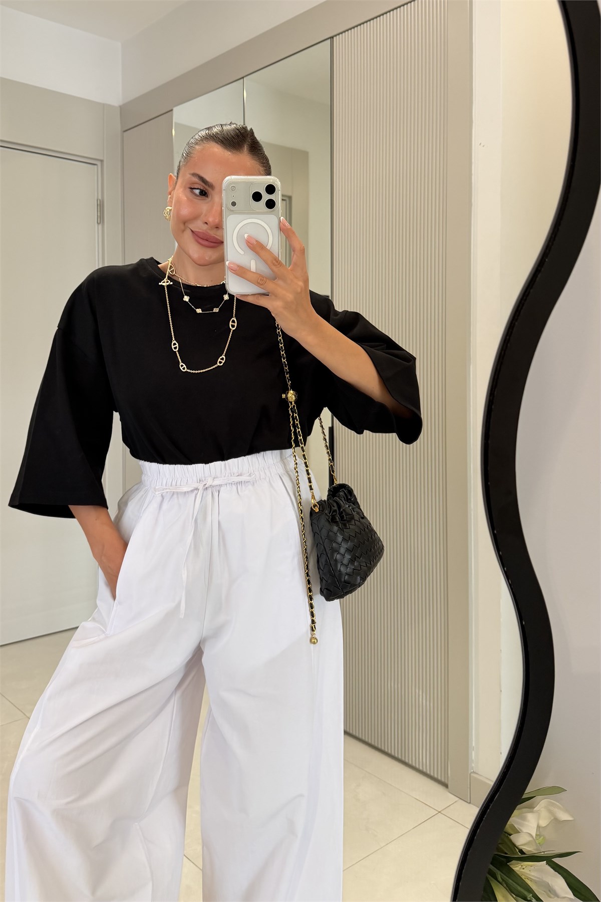 Ailany Beyaz Beli Lastikli Poplin Pantolon