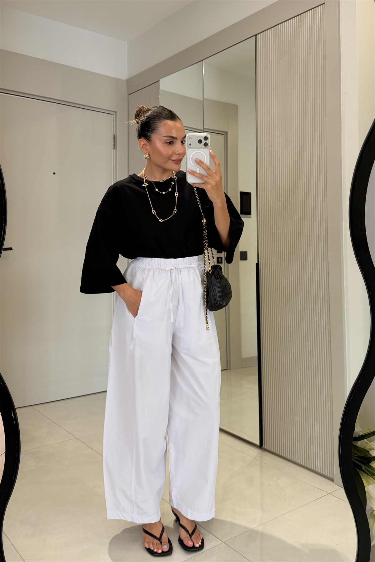 Ailany Beyaz Beli Lastikli Poplin Pantolon