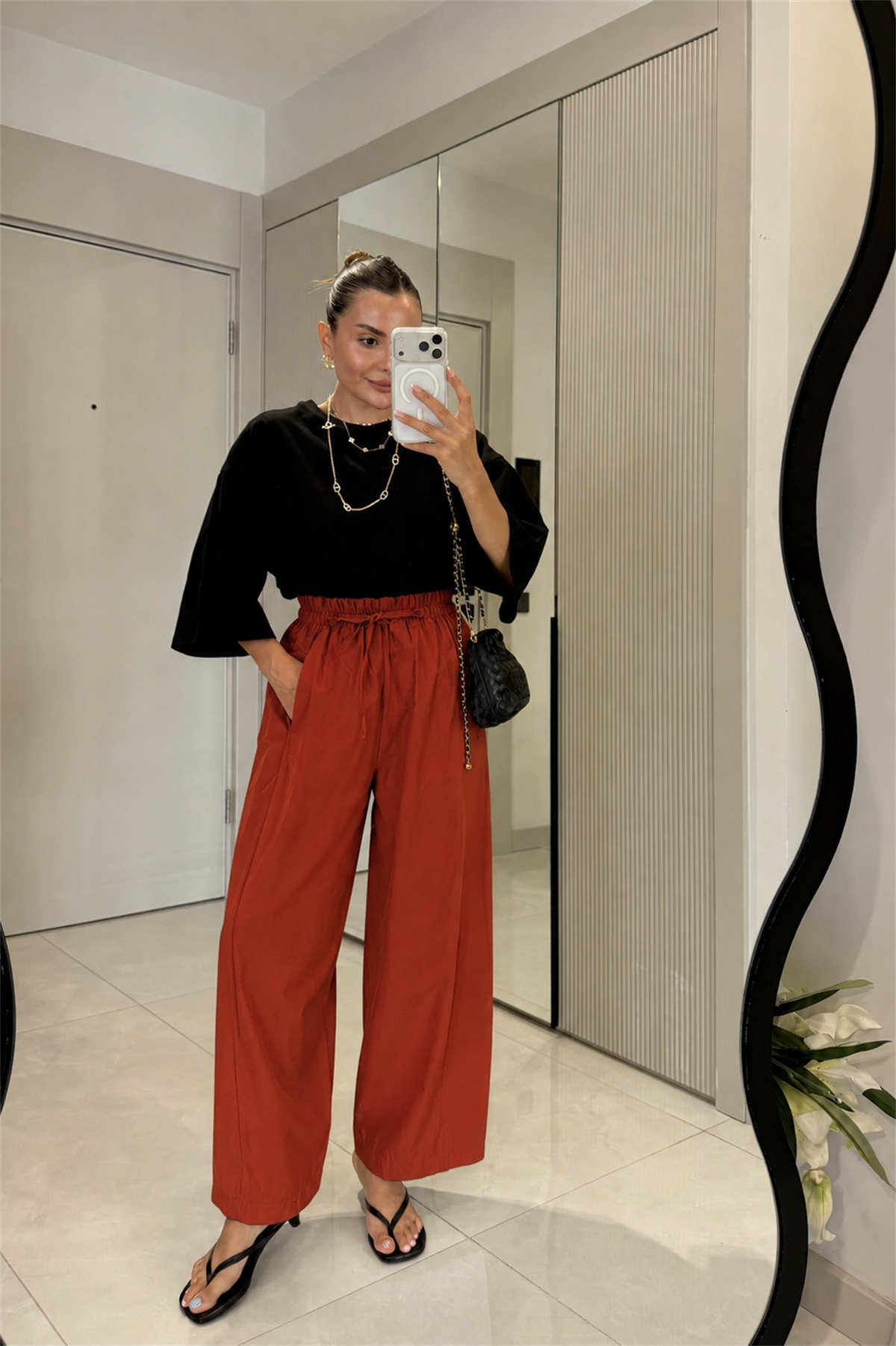 Ailany Kiremit Beli Lastikli Poplin Pantolon