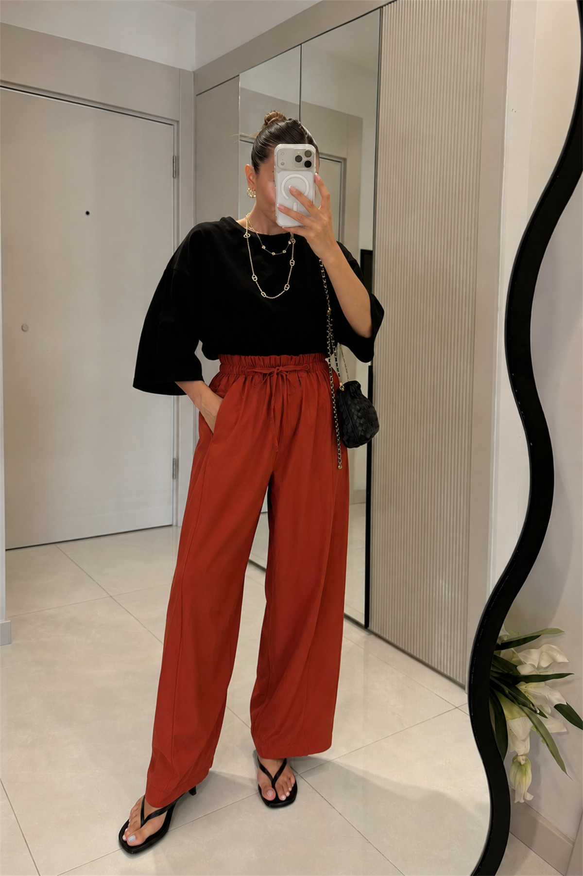 Ailany Kiremit Beli Lastikli Poplin Pantolon