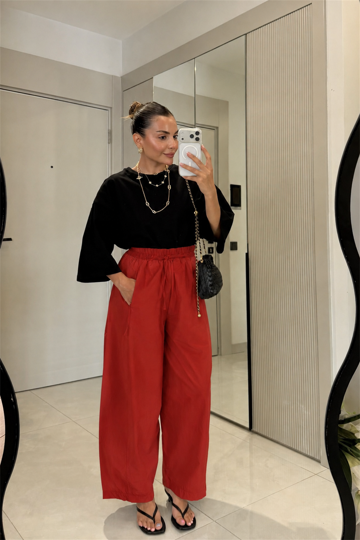 Ailany Kiremit Beli Lastikli Poplin Pantolon