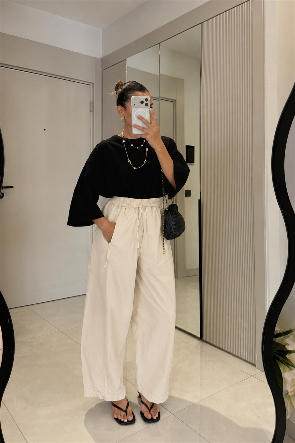 Ailany Krem Beli Lastikli Poplin Pantolon