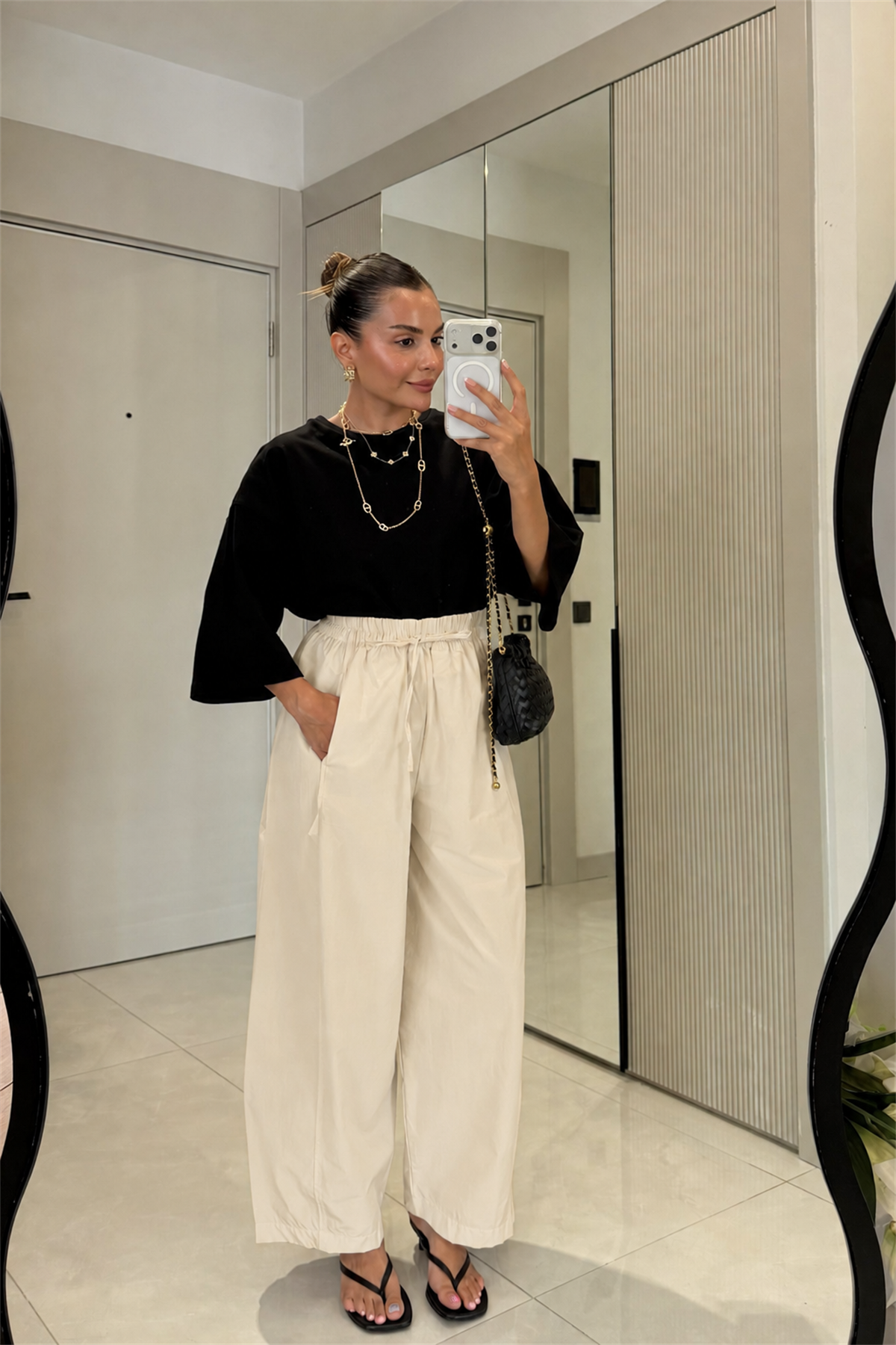 Ailany Krem Beli Lastikli Poplin Pantolon