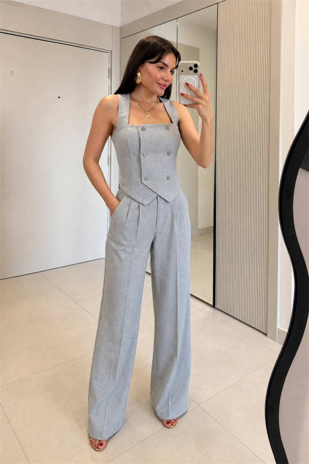Ailsa Gri Bel Detaylı Yelek Pantolon Takım