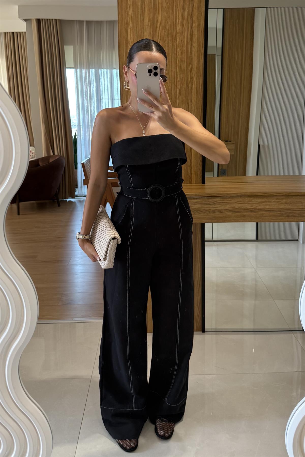 Ainara Dikiş Detaylı Kemerli Keten Tulum