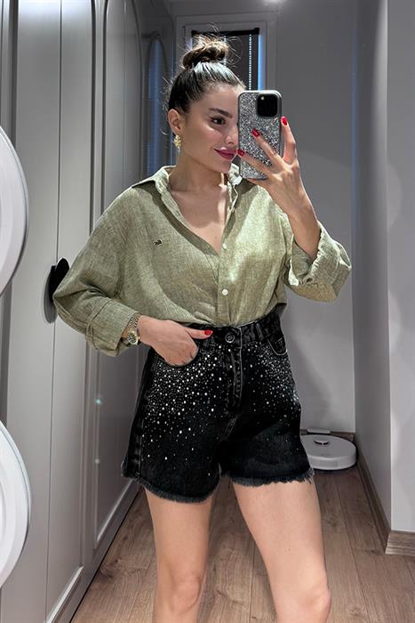 Airell Orjinal Taşlı Tasarım Kot Şort - Black