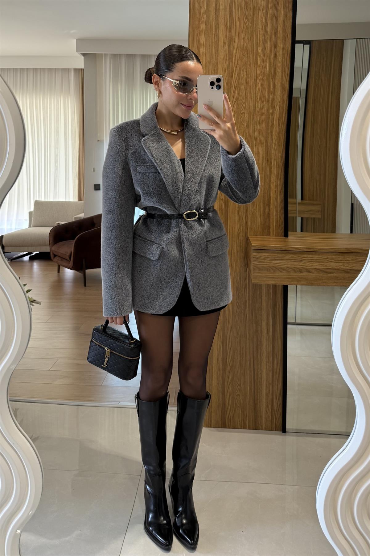 Aisha Gri  Dokulu Premium Kemerli Blazer
