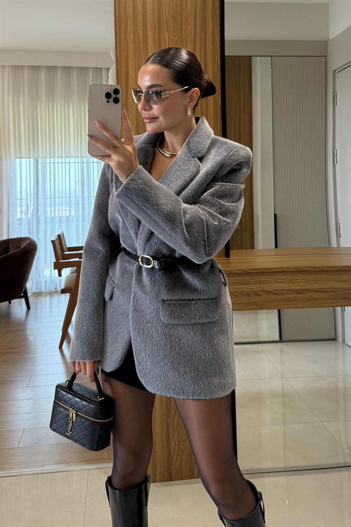 Aisha Gri  Dokulu Premium Kemerli Blazer