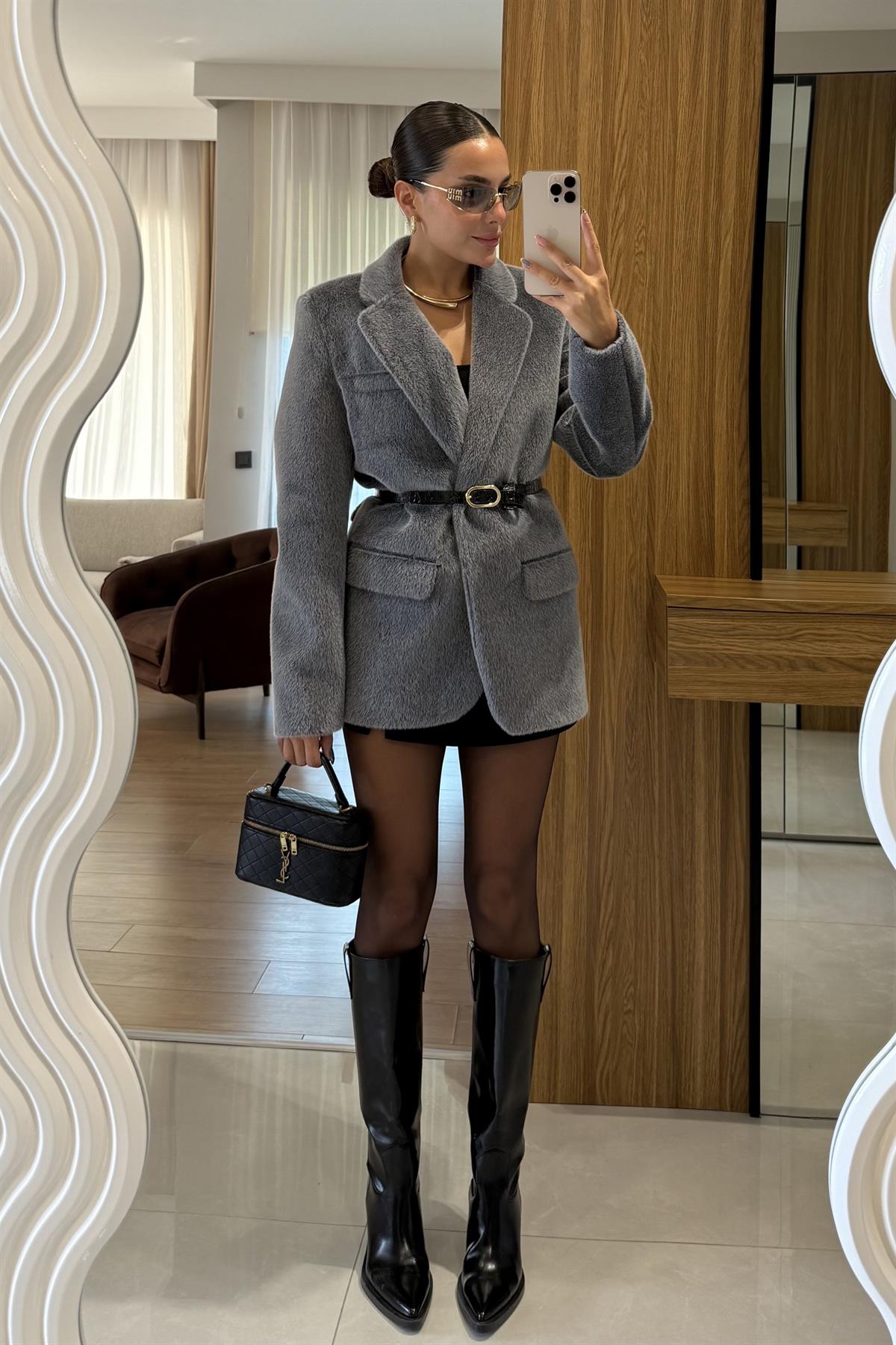 Aisha Gri  Dokulu Premium Kemerli Blazer