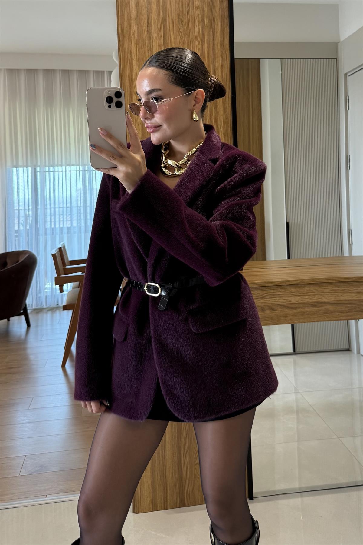 Aisha Mor Dokulu Premium Kemerli Blazer