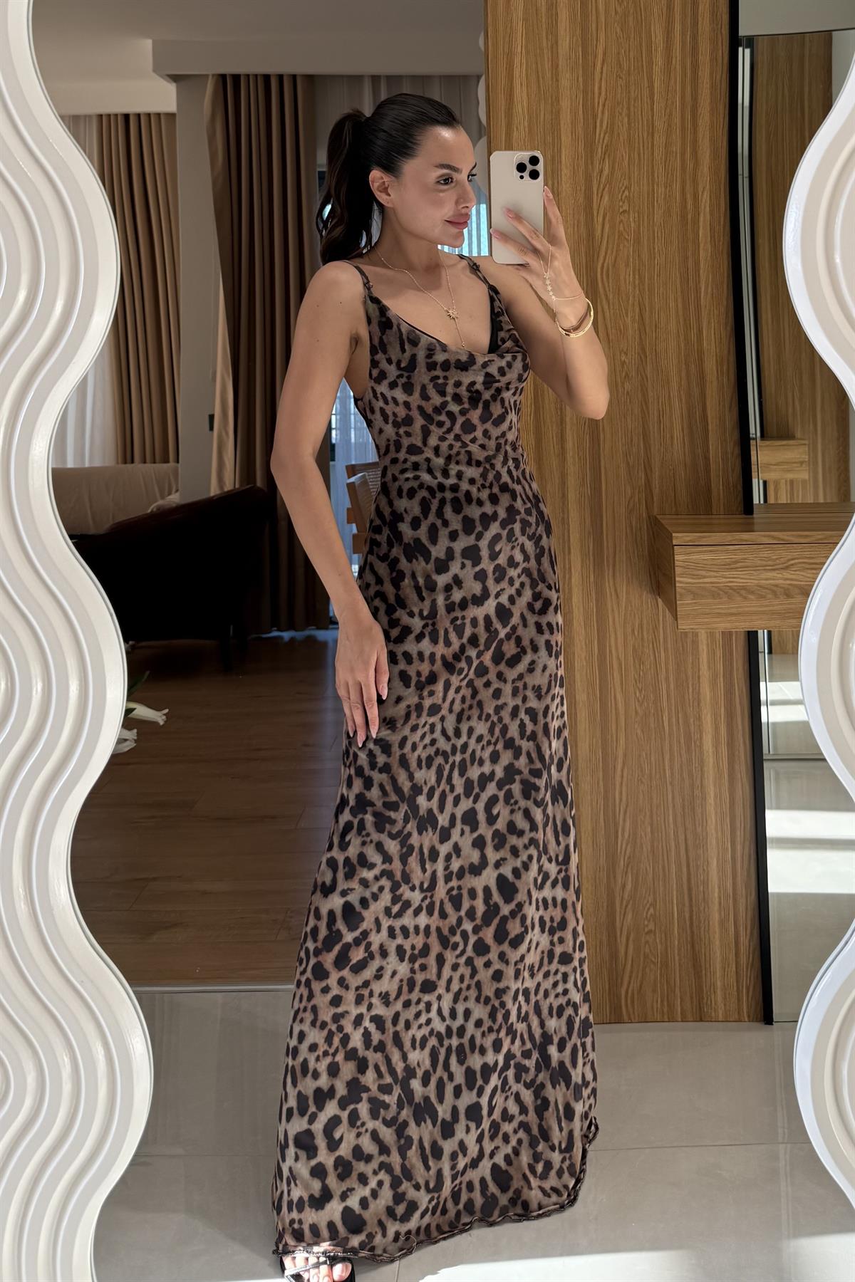 Albina  Astarlı Tül Leopar Uzun Elbise