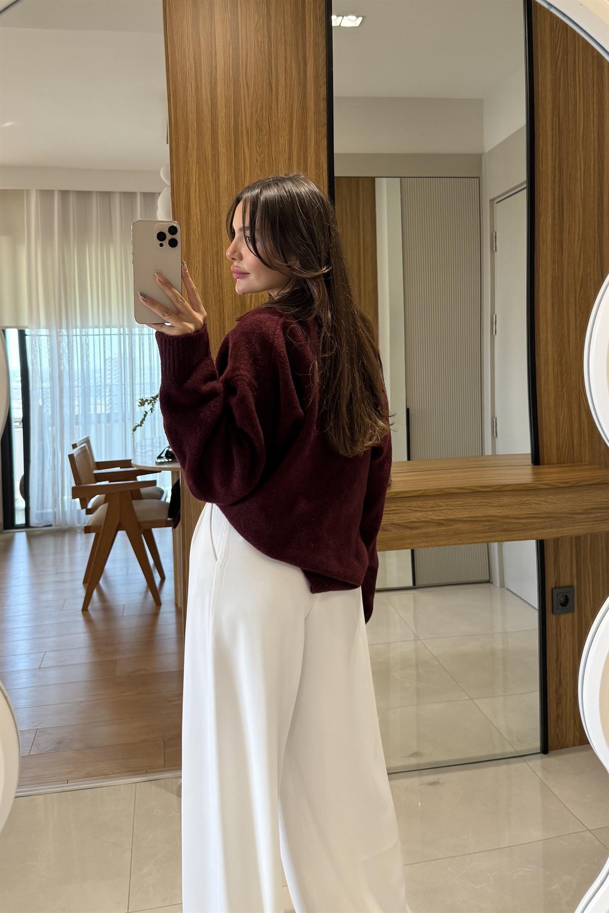 Alesya Bordo Premium Dokulu Kazak