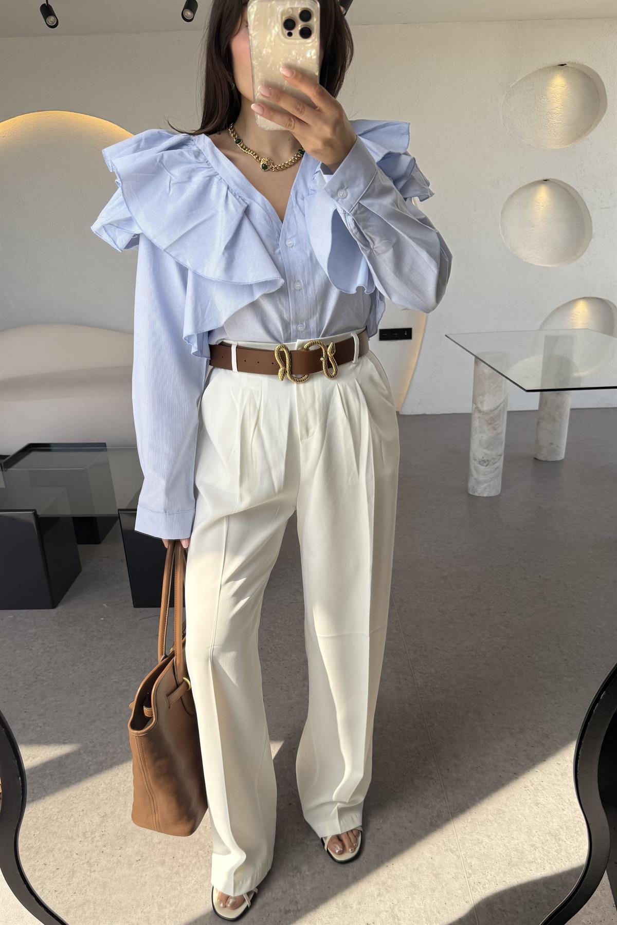 Alexa Beyaz Pileli Palazzo Pantolon 