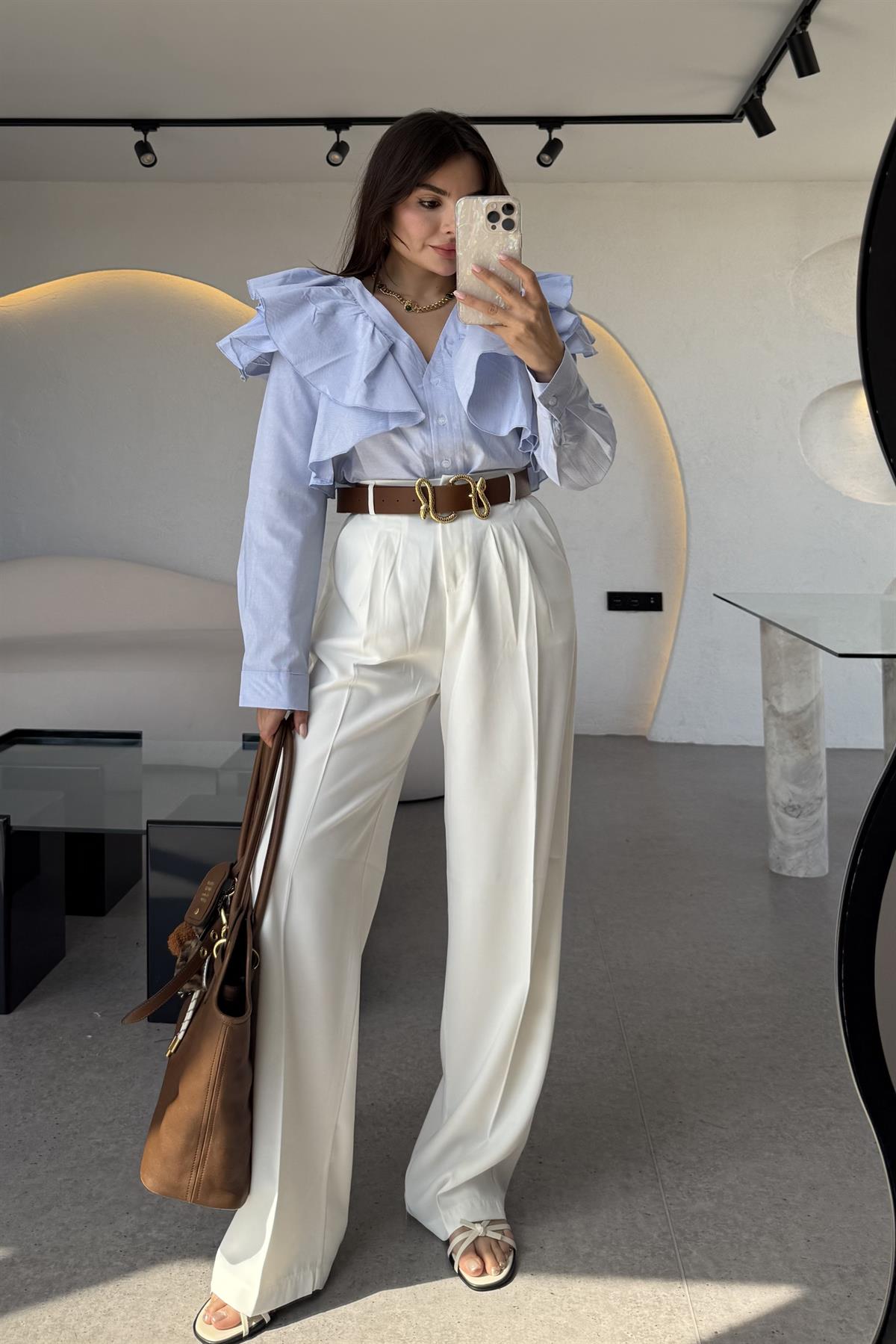 Alexa Beyaz Pileli Palazzo Pantolon 